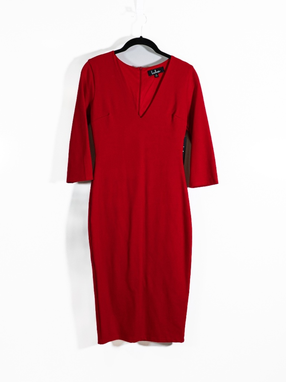 NEW Lulus Chic Red Midi Quarter Sleeve V Neck Bodycon Dress Small